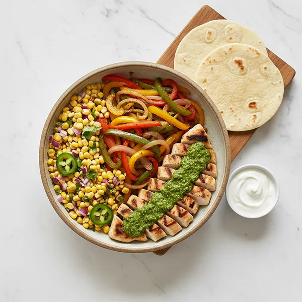 Chimichurri Grilled Chicken with Tortilla, Vegetable Fajita & Corn Salsa